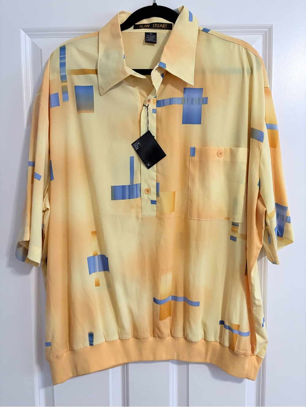 Alan Stuart Yellow Short-Sleeve Polo with Blue Geometric Accents